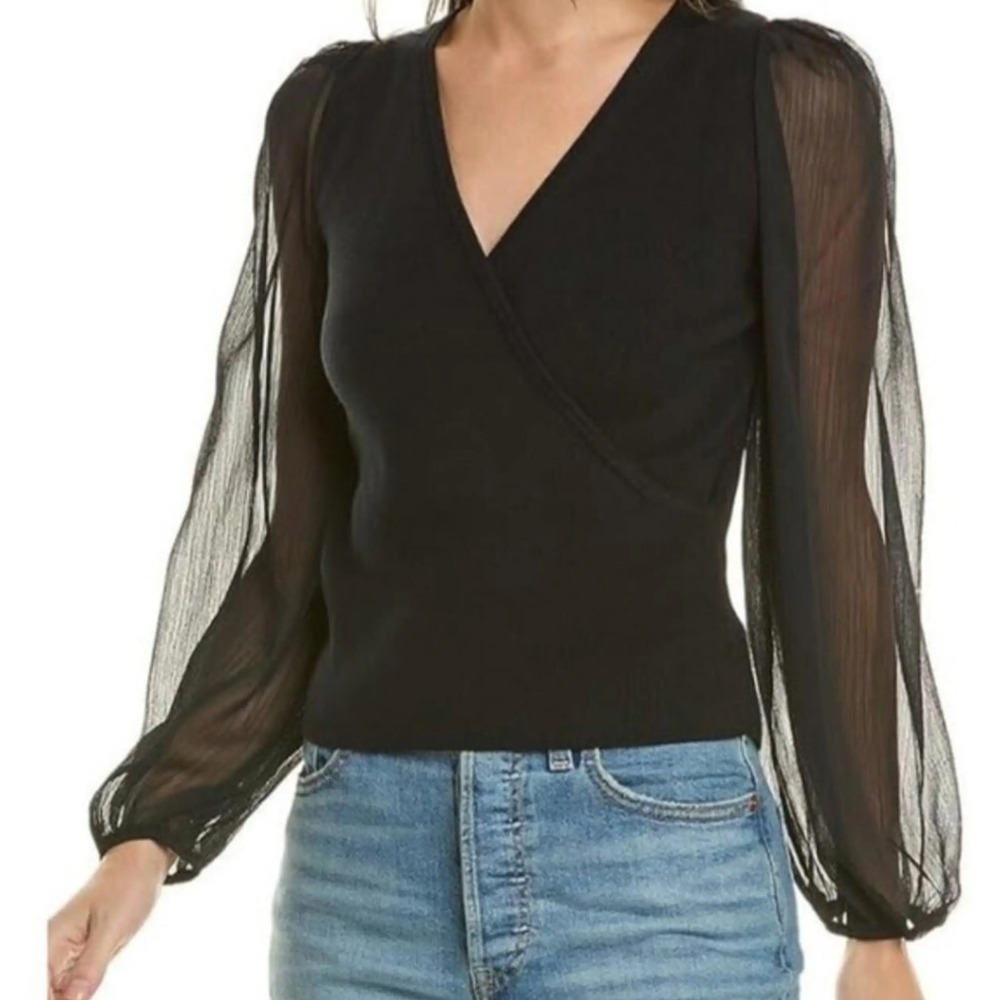 French Connection Black Mozart Melody Faux Wrap Sheer Sleeve Sweater NEW!